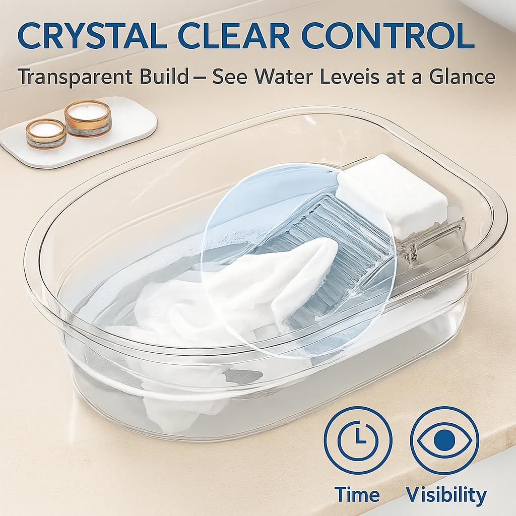 Portable Washboard & All-in-One Laundry Basin Set - Heavy-Duty Wash Board for Hand Washing Clothes | Built-in Scrub Surface, Drain Plug for Camping, RV, Emergency Use (Transparent White, 16 in)
