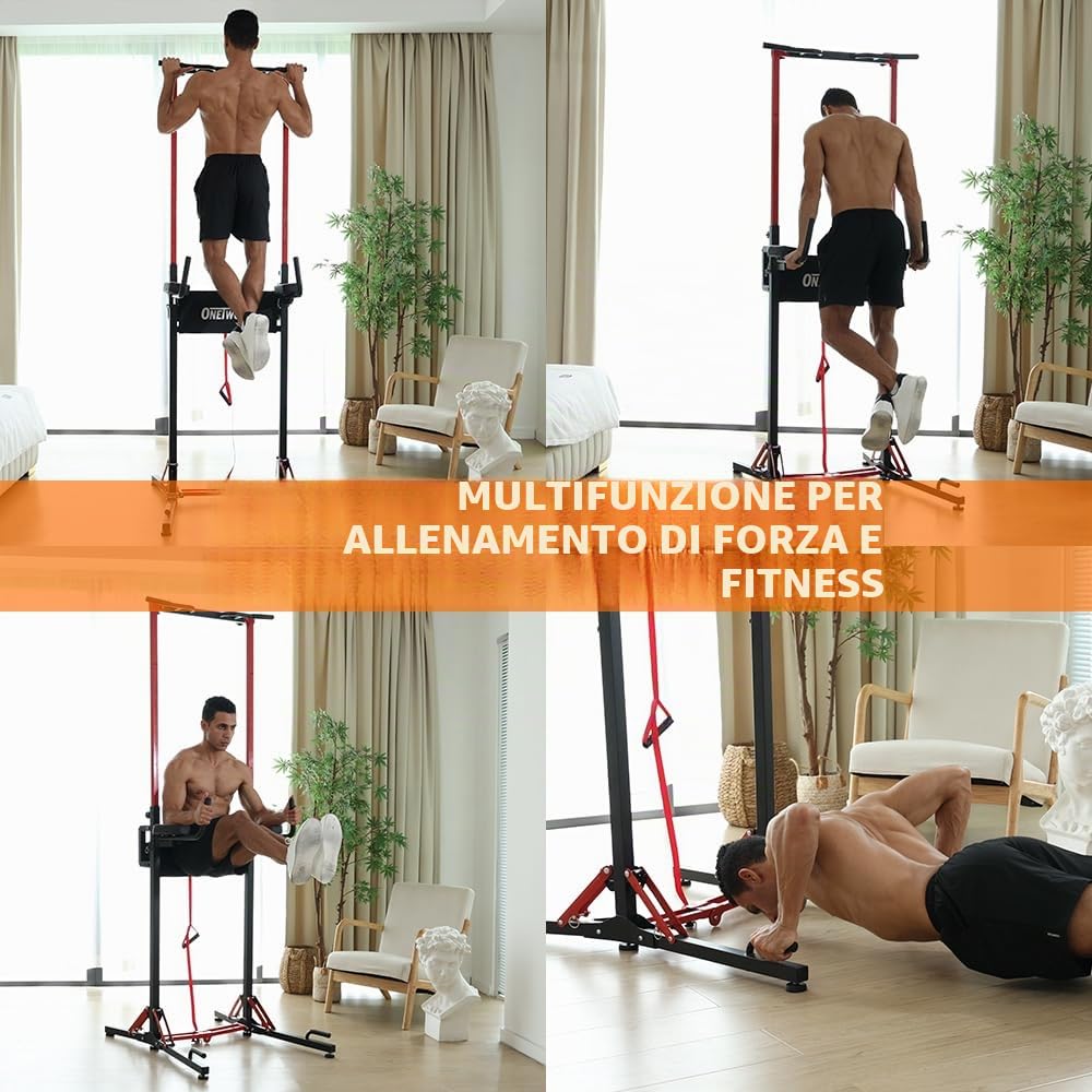 ONETWOFIT Barra per trazioni autoportante pieghevole,Power Tower Dip Station,regolabile in altezza 127-224cm,multifunzionale Attrezzi da palestra assistenza macchina