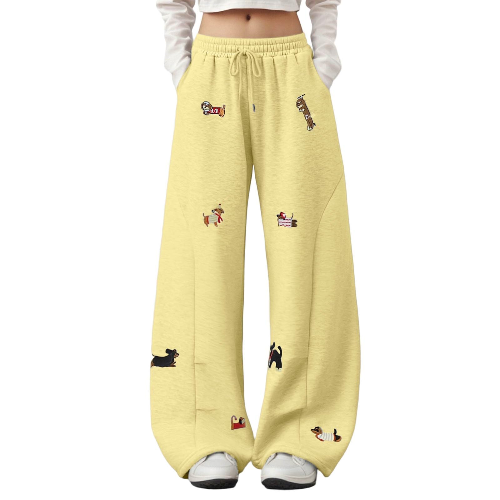 Men's and Women's Cute Dachshund Print Jogging Pants with Elastic Waistband and Drawstring, Baggy Leisure Sports Pants for Streetwear, Yellow, XXL