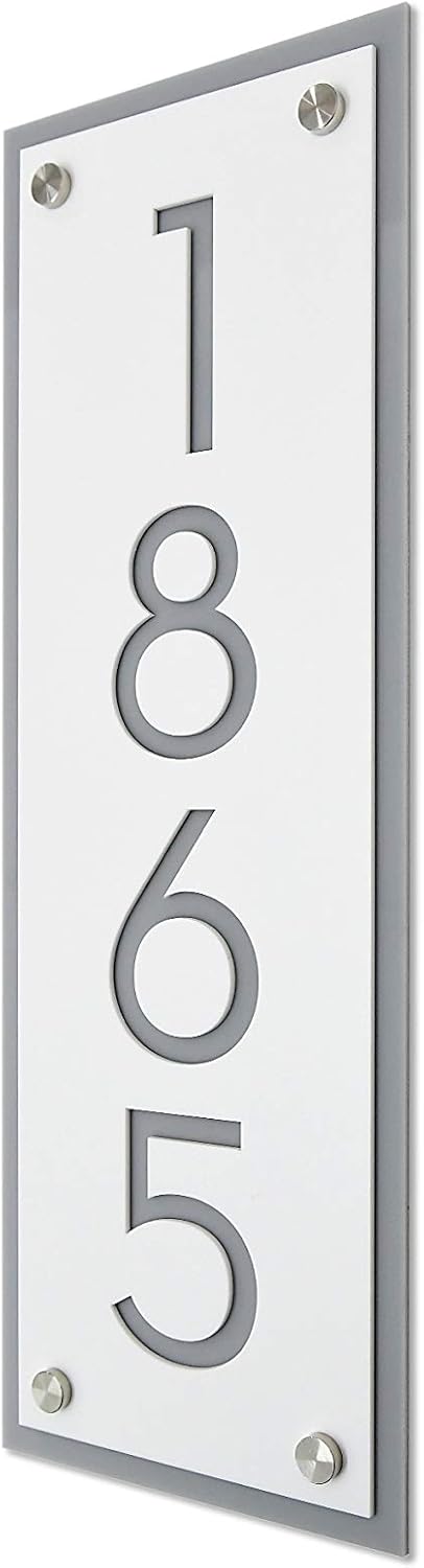 Modern House Numbers, Framed Matte White Acrylic with Gray Acrylic - Vertical - Contemporary Home Address -Sign Plaque - Door Number - Hotel Room