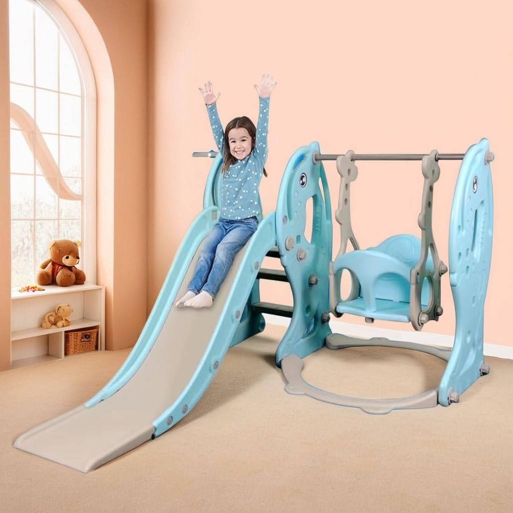 Hukimoyo 3in 1 Slide for Kids 2 to 5 Years Large Indoor Outdoor with Basketball Baby Swing and Sliding Set for Kid Sliding Baby Slider and Swing for Toddlers Kids Garden Slide Combo with Ball