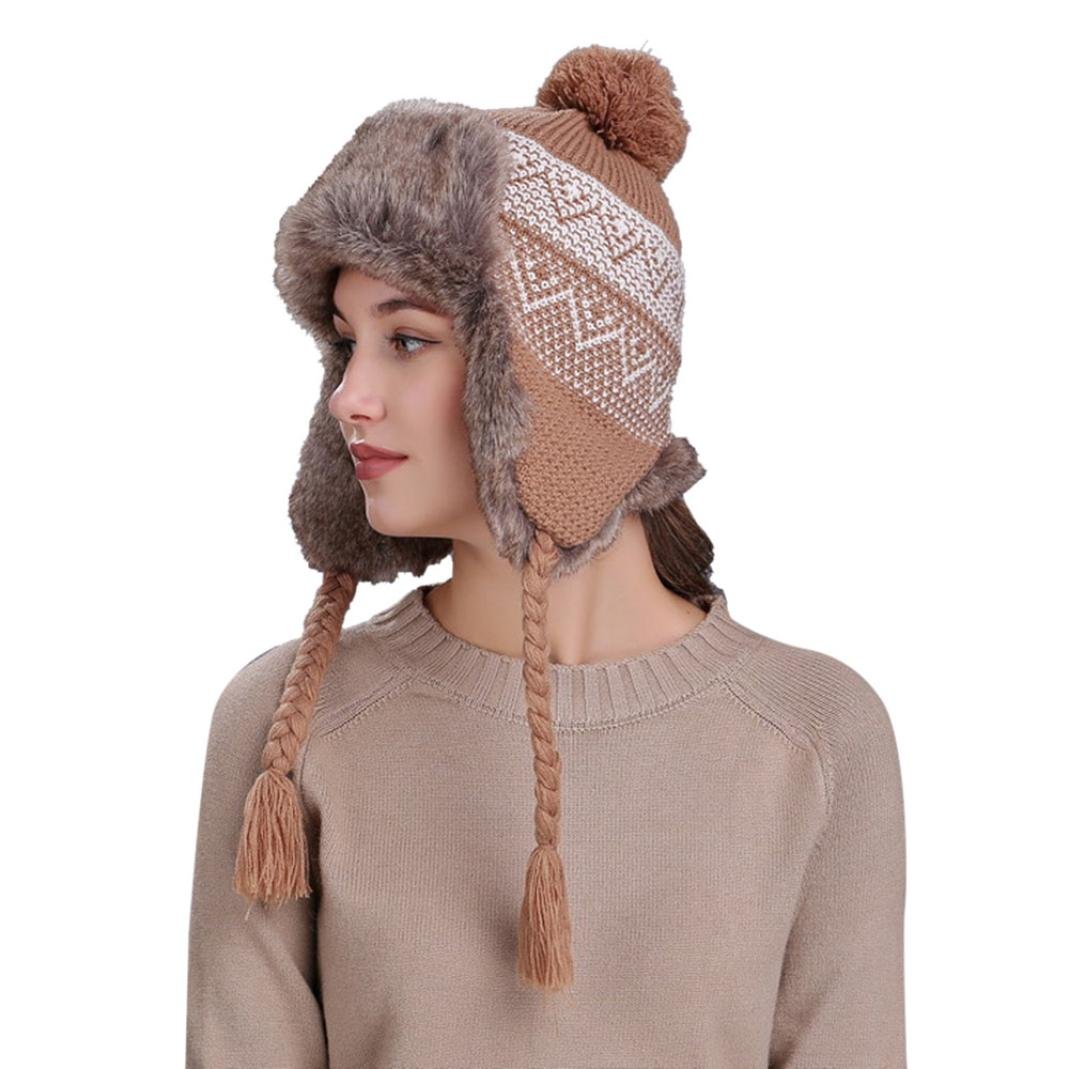 Momola Women Beanie Hat Warm Winter Hat with Braid Ear Flaps Snow Ski Thick Knit Wool Cap (Khaki)