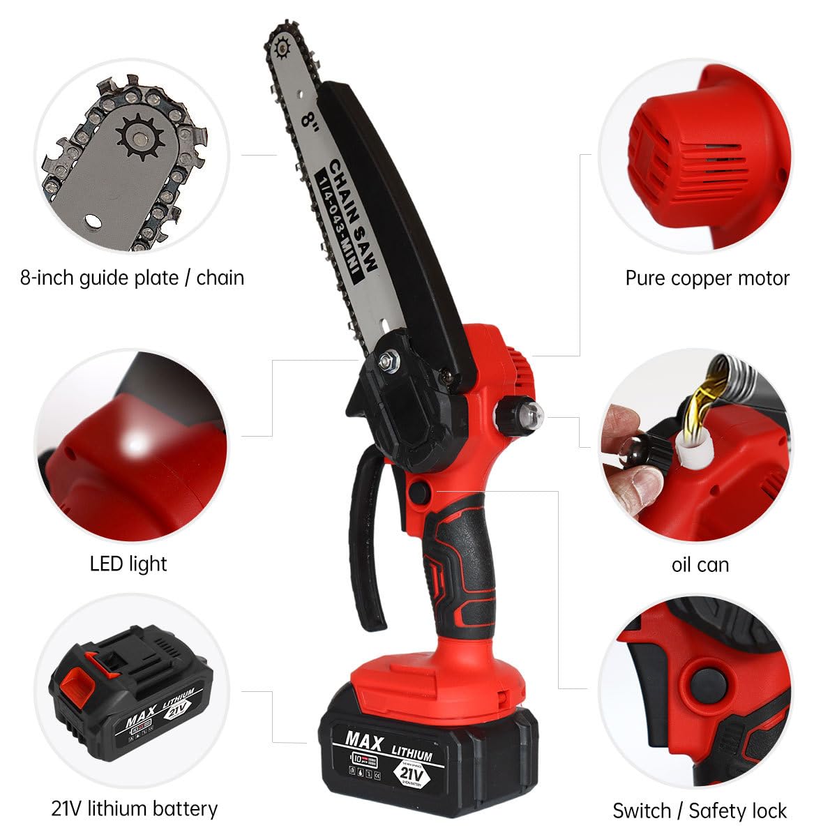 4 in 1 Potatore Telescopico a Batteria 8 Pollici, Motore Brushless Cesoie Elettriche a Batteria, Mini Motosega a Mano con Testa Girevole 90°, 2x2000mAh per Giardinaggio e Taglio Ad Alto Fusto