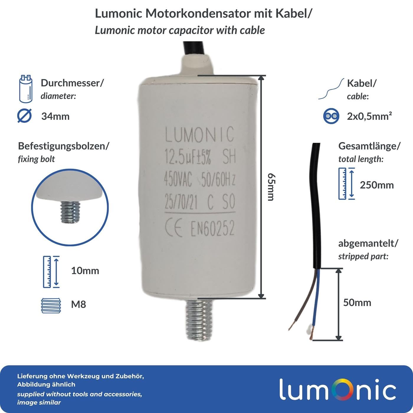 Lumonic Condensatore di avviamento 12,5µF 450V | con Filo I 34x65mm I 12,5uF I Condensatore motore con custodia in plastica I Condensatore di esercizio I per pompe, tosaerba, utensili