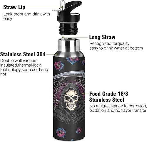 Miniatura 3 de Gothic Skulls Flowers - Botella de agua de acero inoxidable negra de 20 onzas, a prueba de fugas, botella de agua deportiva sin BPA