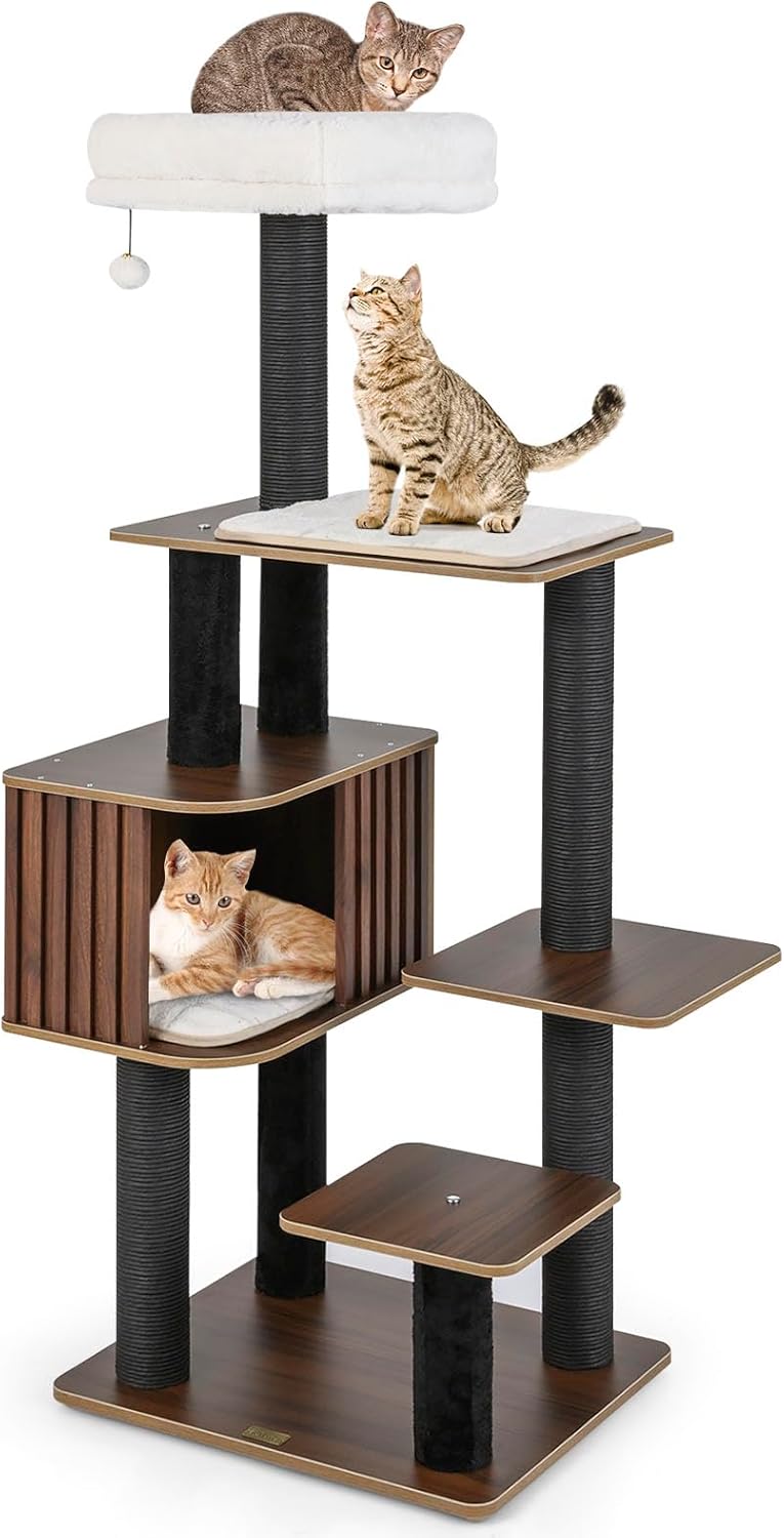 PETSITE 59.5 Inches Modern Cat Tree, Multi-Level Cat Tower with Scratching Posts, Large Condo with Removable Pad, Cushioned Soft Top Perch, and Interactive Dangling Ball (Brown)