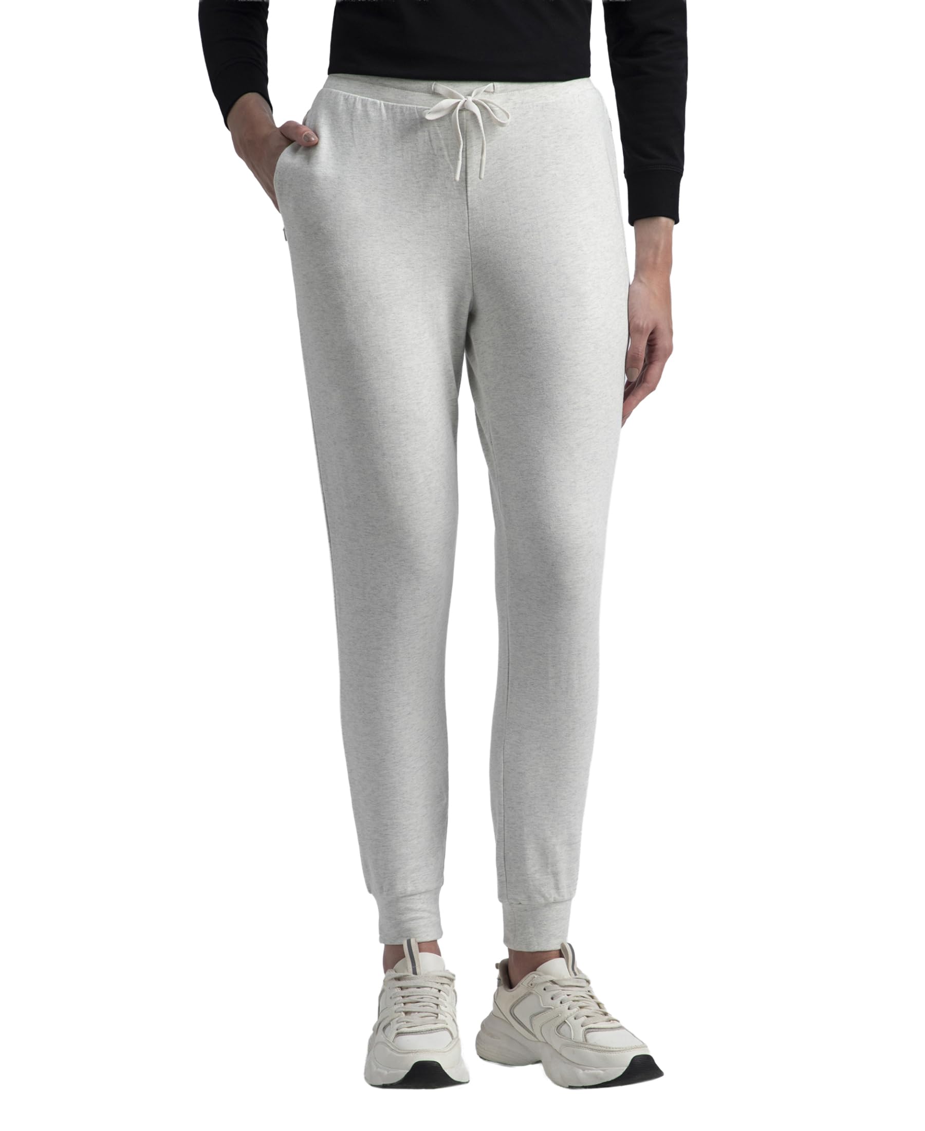 jockey 1323 Women's Super Combed Cotton Elastane French Terry Relaxed Fit Joggers with Zipper Pockets_Off White Melange_XL-picture-52