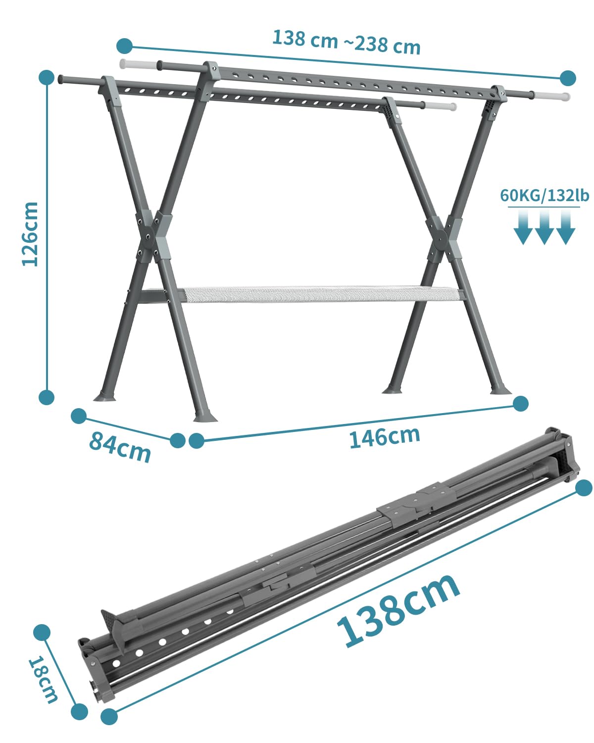 OUUTMEE Tendedero plegable de 138-238 cm, perchero de ropa de aleación de aluminio y magnesio para uso doméstico en interiores y exteriores, extensible