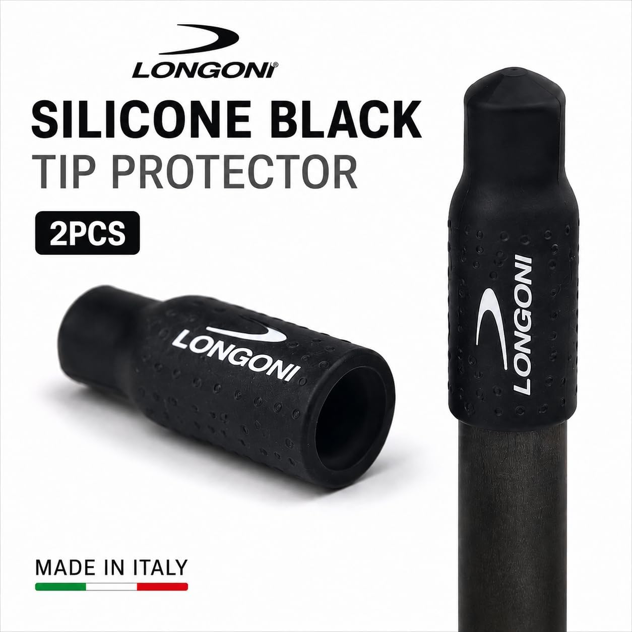 Longoni Billiard Cue Tip Silicone Protector Cover Black 2-Pack for 11.8-12.8 mm Tips