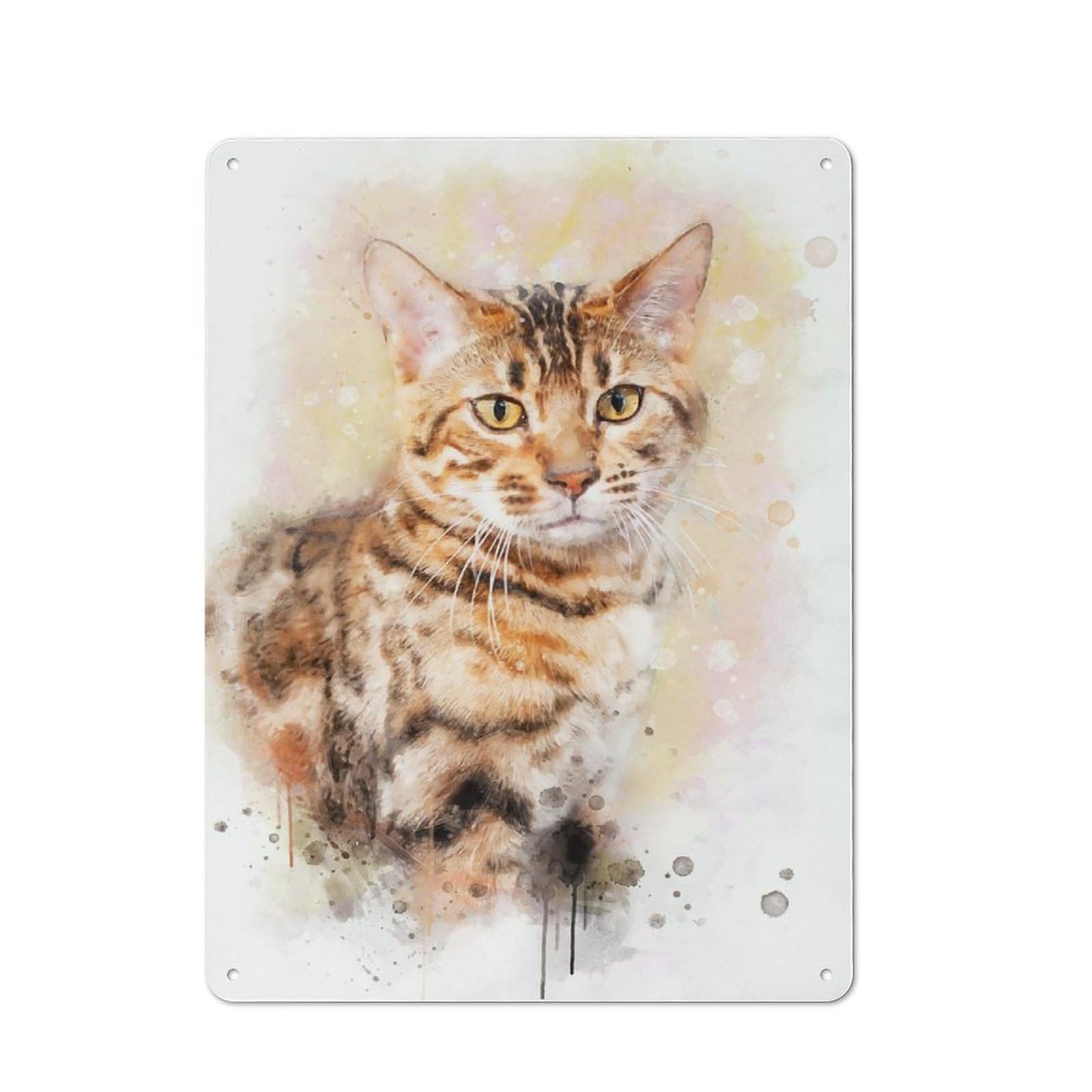 Metal Plaque with Bengal Cat Watercolor Design 40x30cm, Vintage Bistro Wall Plaque for Coffee Bar, Kitchen, Bistro Or Tea Corner