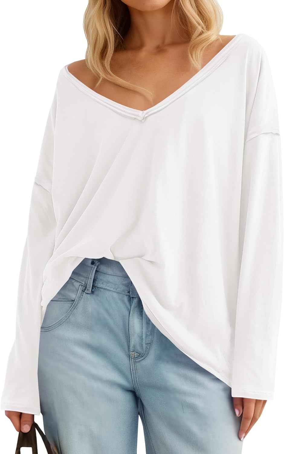 Tankaneo Womens Oversized Long Sleeve Shirts Deep V Neck Fall Tops Casual Loose Fit Tunic Basic Tees