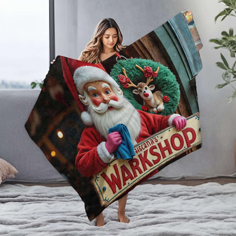 Couverture personnalisée image Père Noël Hiscana'S Warkshop en cadeau