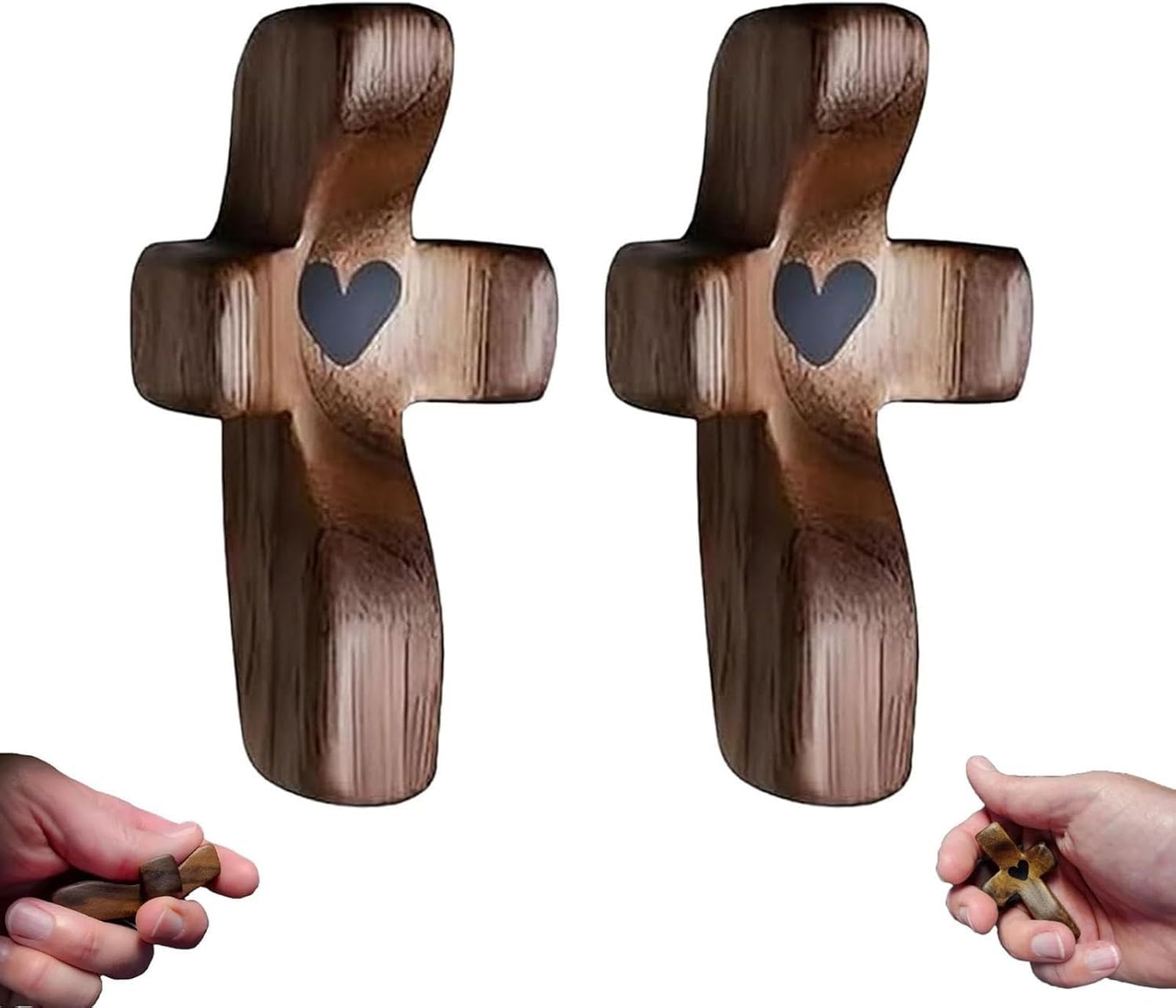 Handcrafted Wooden Cross My Heart, Wooden Cross Fidget, Encouragement Gift, Relieve Anxiety Comfort Cross for Clutching, Clinging and Praying, Pocket Cross Religious Gift for Children and Adults(A,2PC