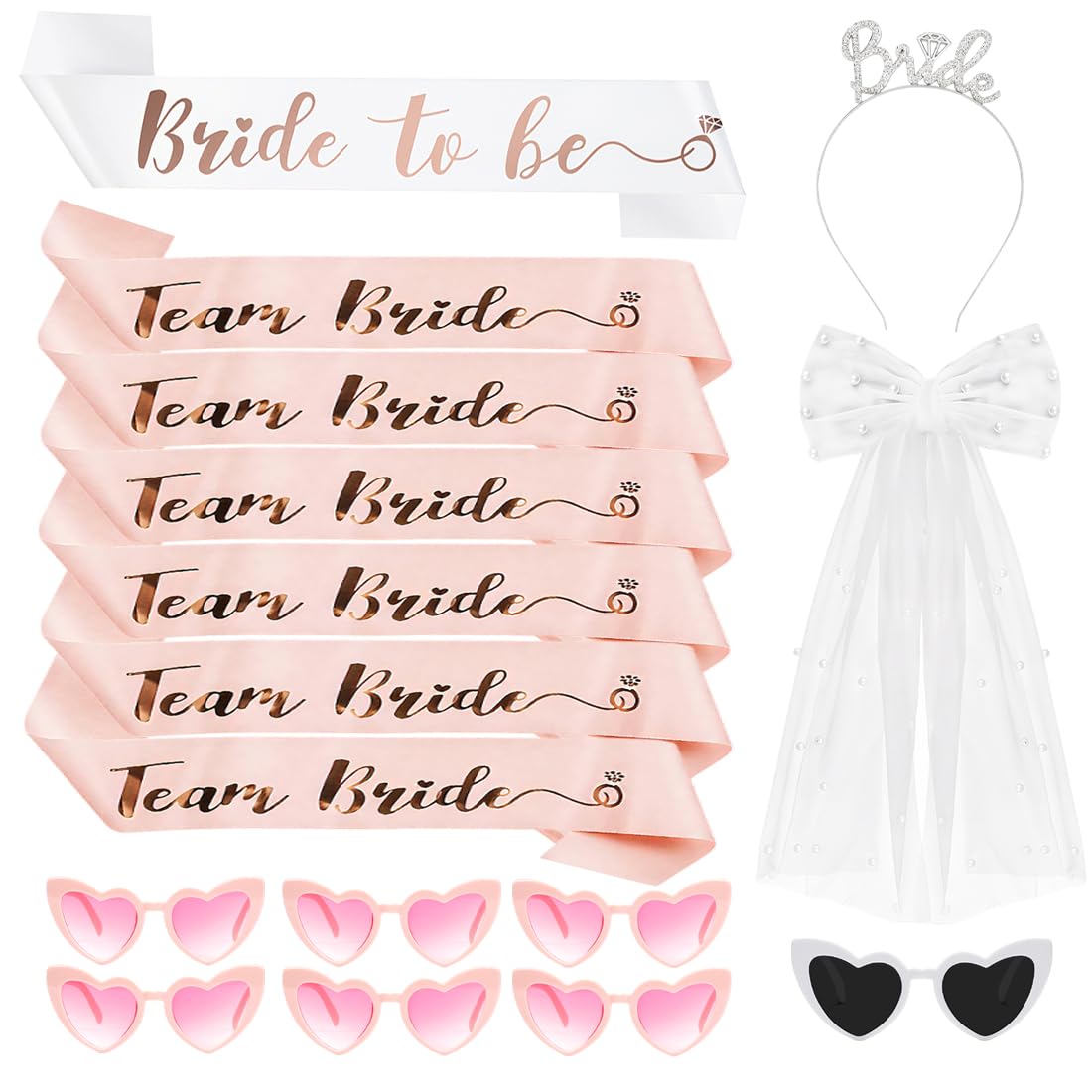Kit Addio al Nubilato Sposa e Amiche, 16 Pezzi Gadget Addio al Nubilato, Occhiali Cuore, Cerchietto Bride to be, Fascia Team Bride, Velo Sposa Addio al Nubilato, Accessori per Sposa Addio al Nubilato