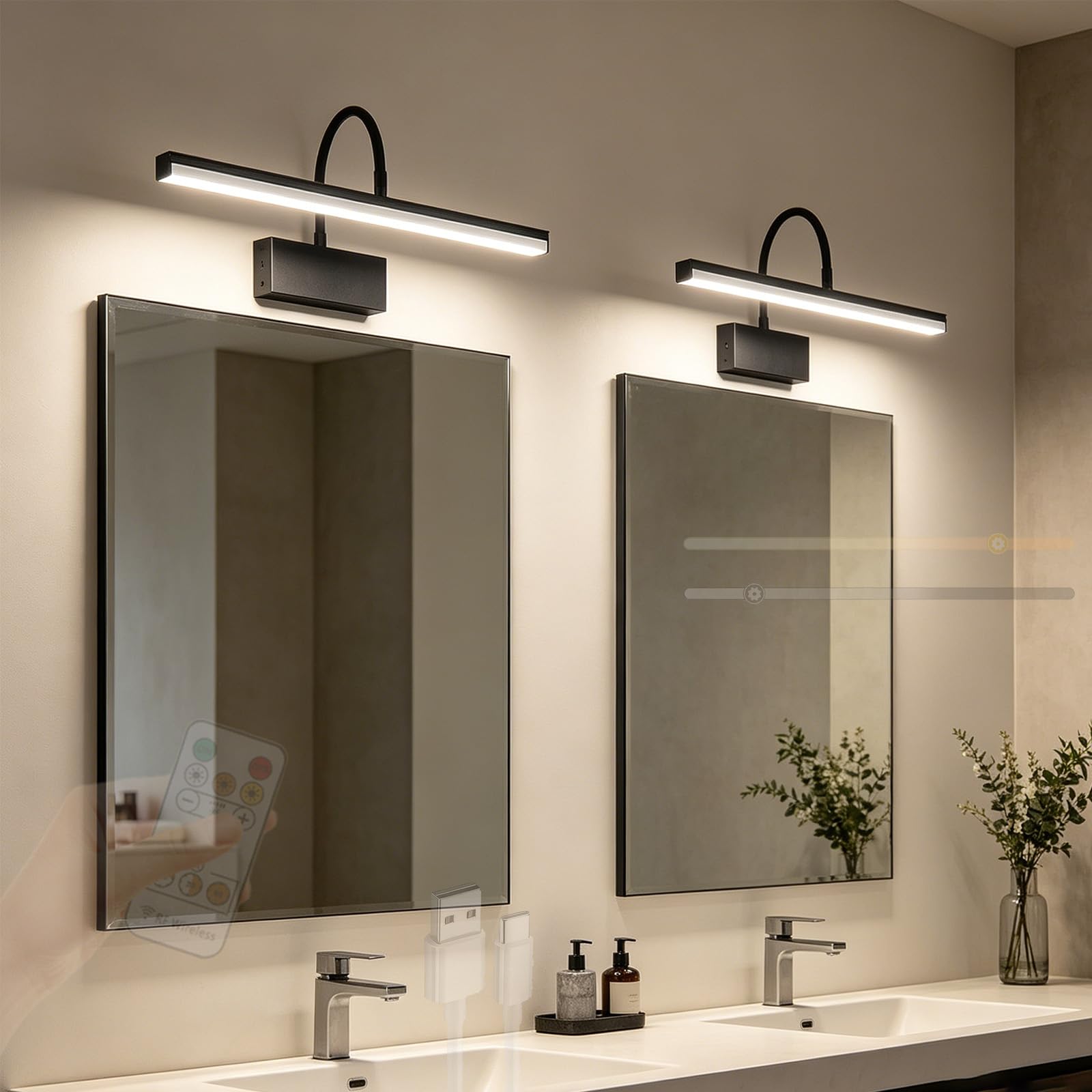 LED Luce Specchio Bagno Dimmerabile Applique da Parete con Telecomando Ricaricabile Iluminazioni per Pareti 360° Girevole Angolo Regolabile Lampada da Parete Quadri Soggiorno (Nero,2 Pezzi)