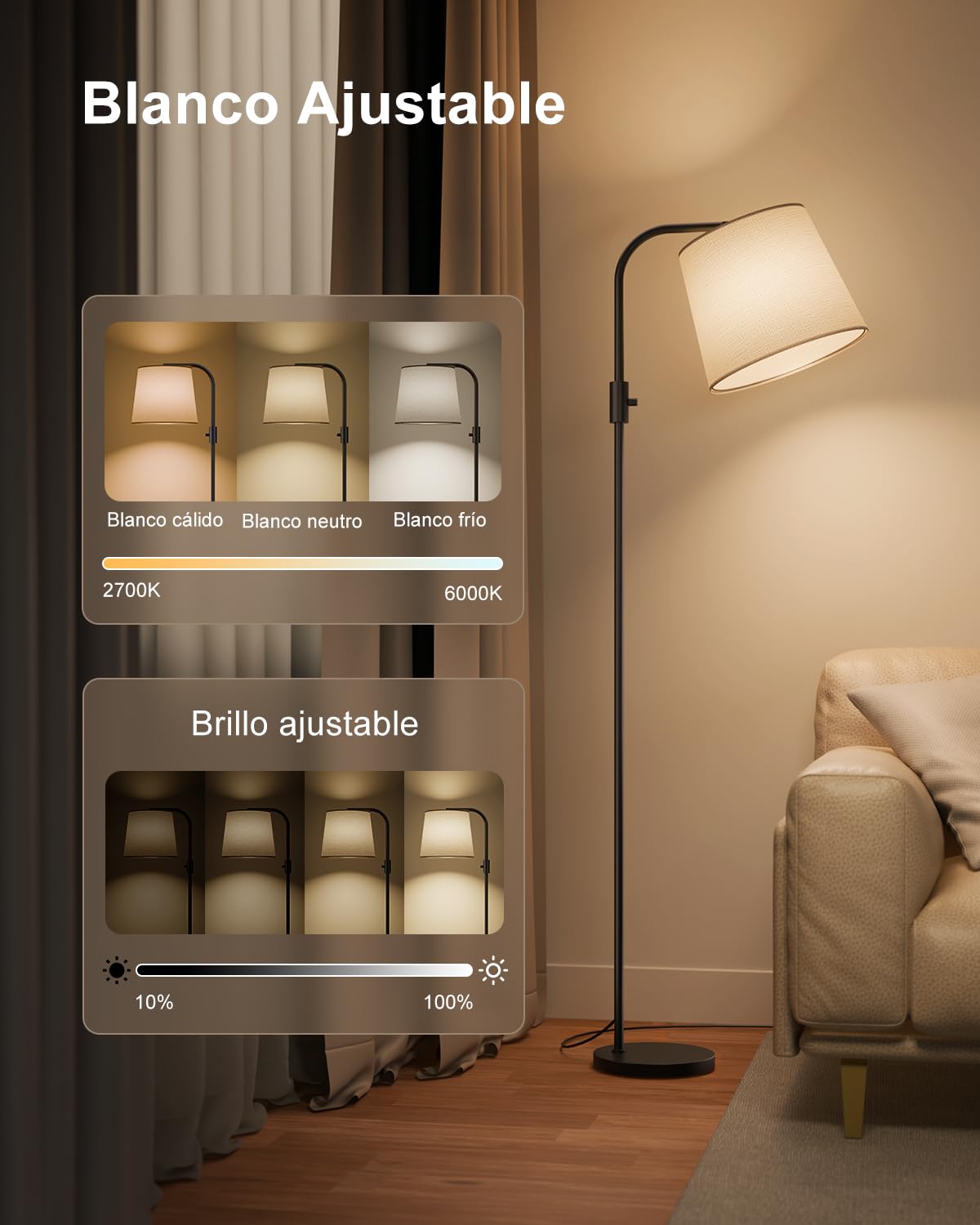 DUSKTEC Lámpara de Pie Arco Inteligente para Salón, Compatible con Alexa y App, Cambio de color RGB, Regulable 1%-100%, Blanco 2700K-6000K, Sincronización con Música,10W 1200LM, Pantalla de Lino 350°