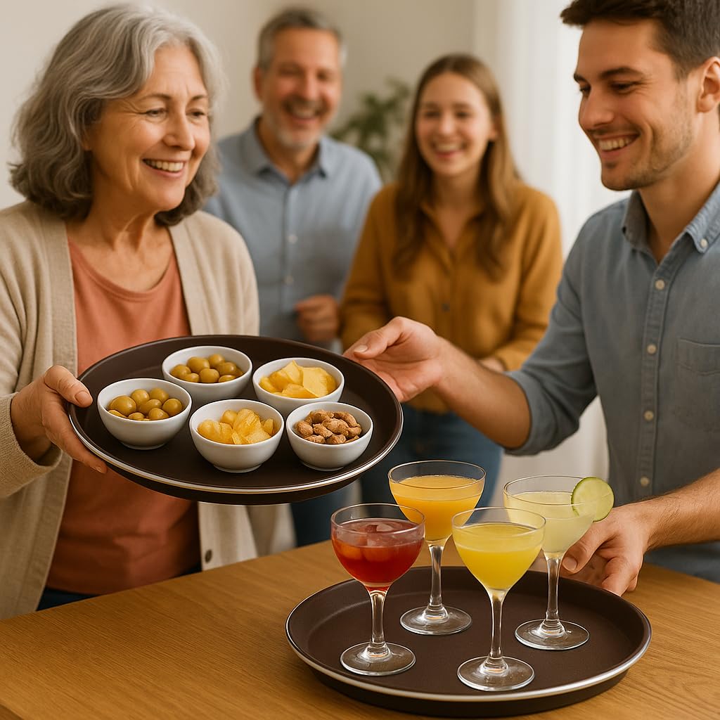 Juego de 2 bandejas redondas antideslizantes marrones de 40 cm con acero inoxidable y platos profesionales para servir alimentos y drenajes, perfecto para restaurantes, bares y uso doméstico