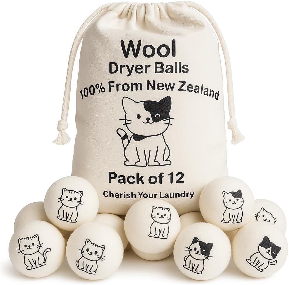Pack of 12 Cute Cat Wool Dryer Balls Anti-Static 100% New Zealand Laundry Softener
