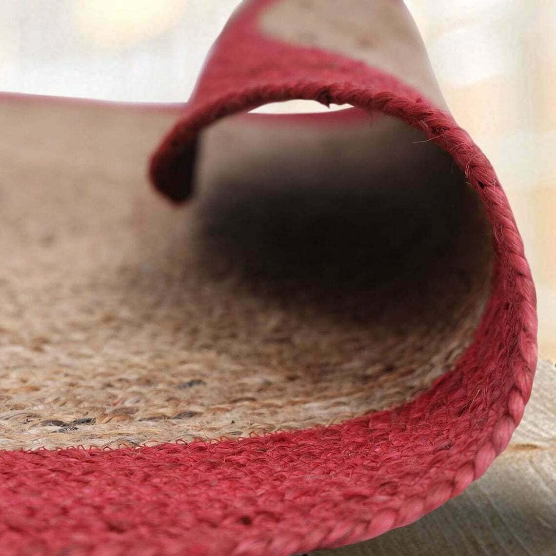 Tapis rond en jute naturel avec bordure colorée faite à la main - 90 x 90 cm - Beige + rouge