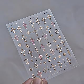 Easter Gold Cross Nail Stickers, 5D Embossed Rose Gold and Gothic Cross Decals for DIY Nail Art, Self-Adhesive Nail Charms for Women and Girls, Perfect for Y2K and Manicure Designs, 1 Sheet