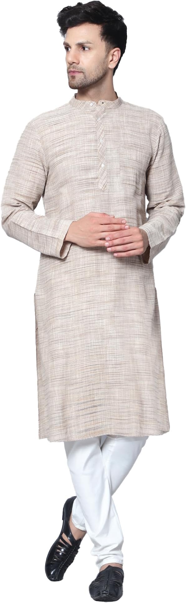 LATEST CHIKAN Men's Cotton Regular Textured Long Kurta Full Sleeves - Casual Ethnic Wear