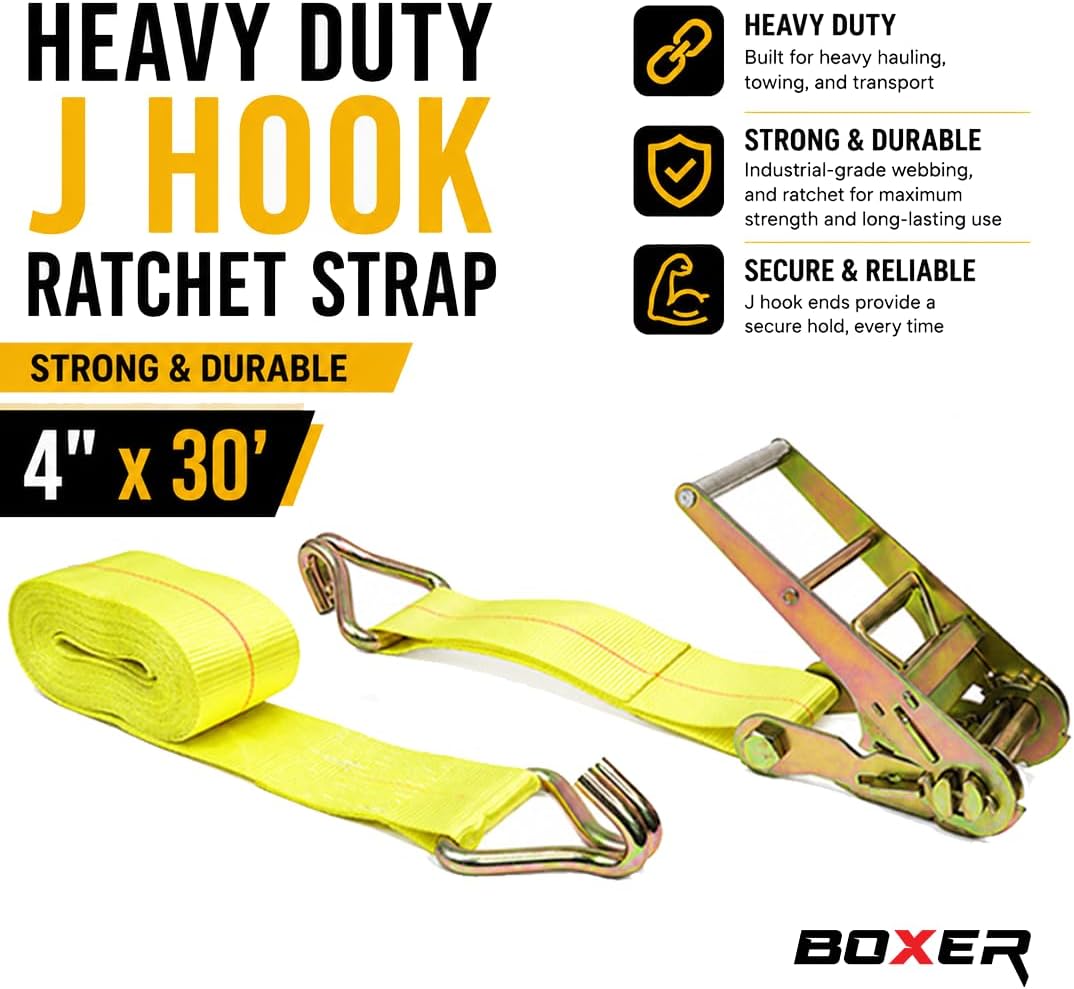 Boxer 2 Pack 4” x 30’ Ratchet Tie Down with Twin J Hooks - Heavy Duty Double-Locking - Breaking Strength 16,200 Pounds, Working Load Limit 5,400 Pounds for Flatbeds, Trailers, Trucks
