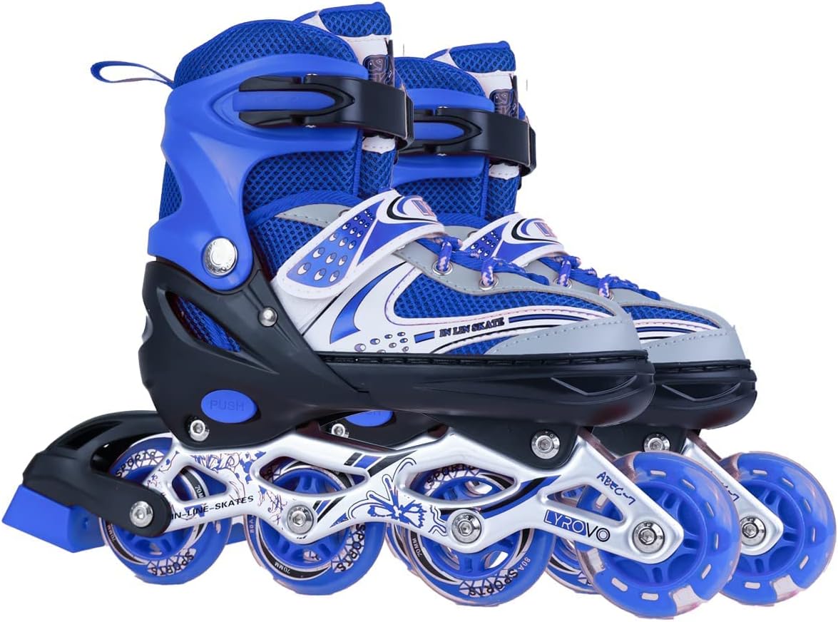 COUCHLY® 4 Wheel Inline Adjustable Roller Skates for Boys Kids & Girls, 7 to 14 Years Unisex Outdoor Skating Shoes Roller Blades with Led Flash Lights Featuring Wheels for Skating (Blue) 14