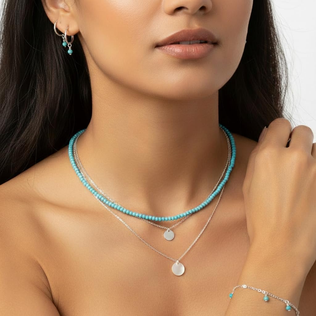Turquoise Beaded Necklace for Women with S925 Sterling Silver Extender Chain Dainty Adjustable Gemstone Choker Jewelry - Image 2