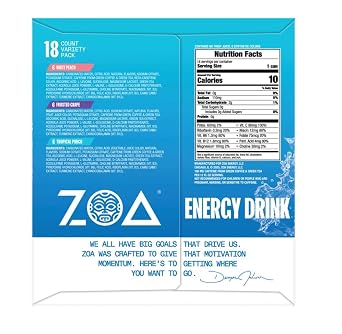 ZOA Zero Sugar Energy Drink Variety Pack, Sugar Free with Electrolytes, Healthy Vitamin C, Amino Acids, Essential B-Vitamins, and Caffeine from Green Tea, 18 12 oz cans, White Peach, Tropical Punch, Frosted Grape