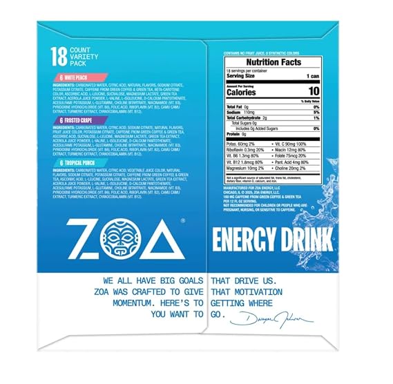 ZOA Zero Sugar Energy Drink Variety Pack, Sugar Free with Electrolytes, Healthy Vitamin C, Amino Acids, Essential B-Vitamins, and Caffeine from Green Tea, 18 12 oz cans, White Peach, Tropical Punch, Frosted Grape