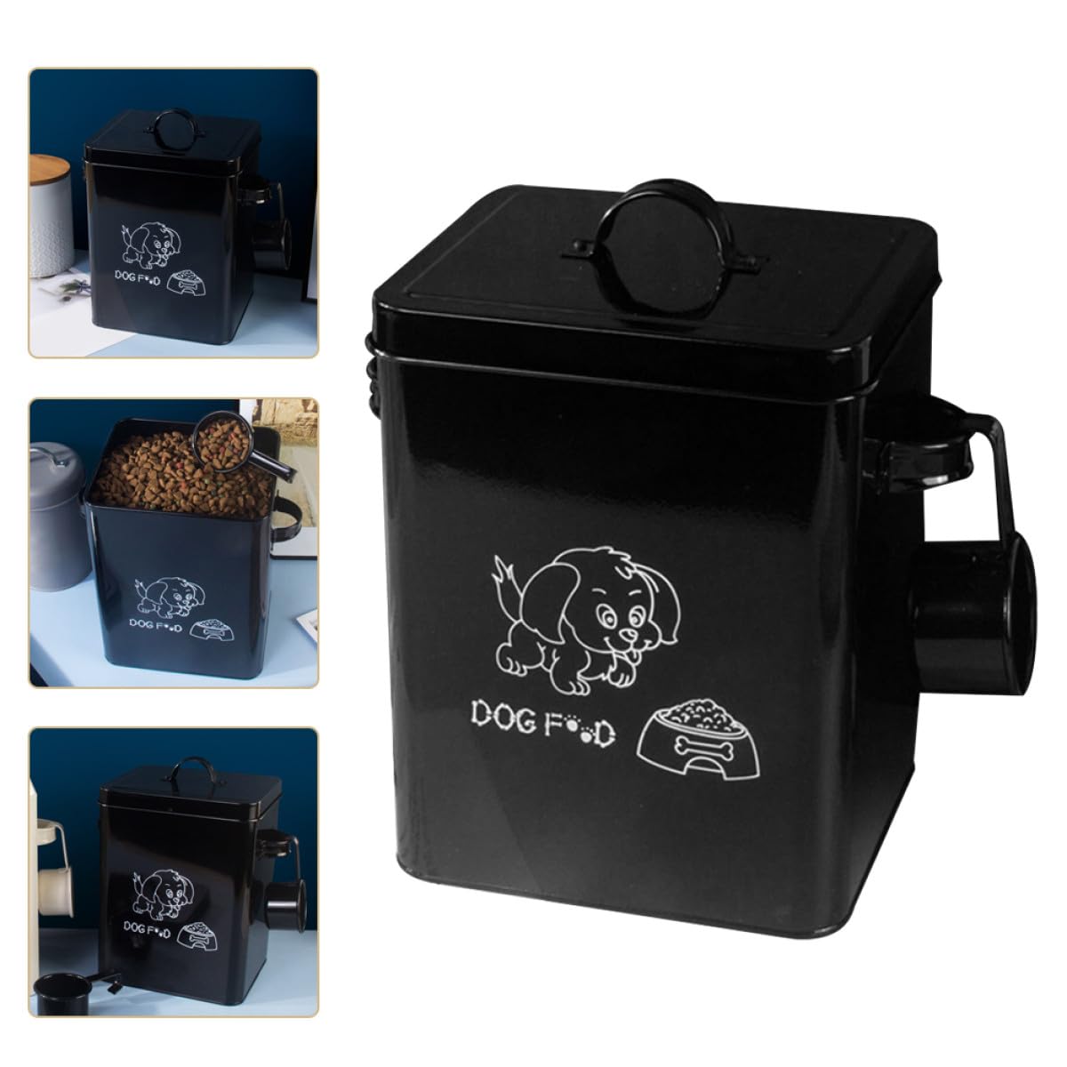 Contenedor de Comida para Perros de Metal Negro Tapa Hermética, Balde de Almacenamiento de Alimentos para Mascotas de Gran Capacidad, Resistente y Multifuncional para Uso