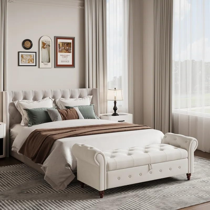 Image of LEGACY OF COMFORT F4 Velvet Upholstered Storage Bench Ottoman 2 Seater Sofa Chaise Lounger or Living Room Bedroom Office (Beige Velvet)
