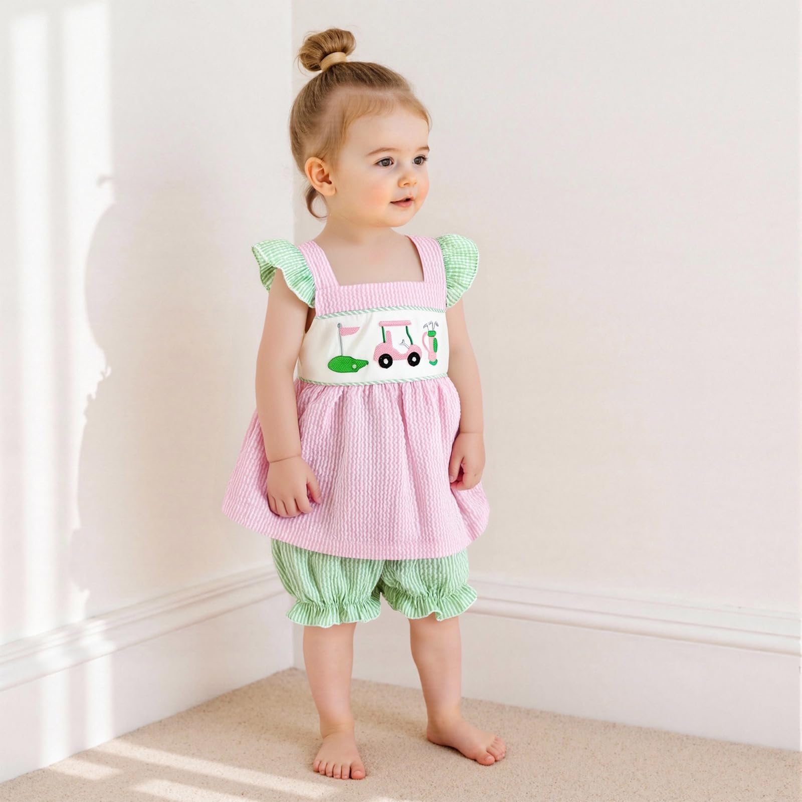 NANCHNEGGU 2PCS Baby Girls Fly Sleeve Golf Embroidered Striped Shirt Tank Tops + Striped Lantern Shorts Sets (Pink Green, 12-18 Months)