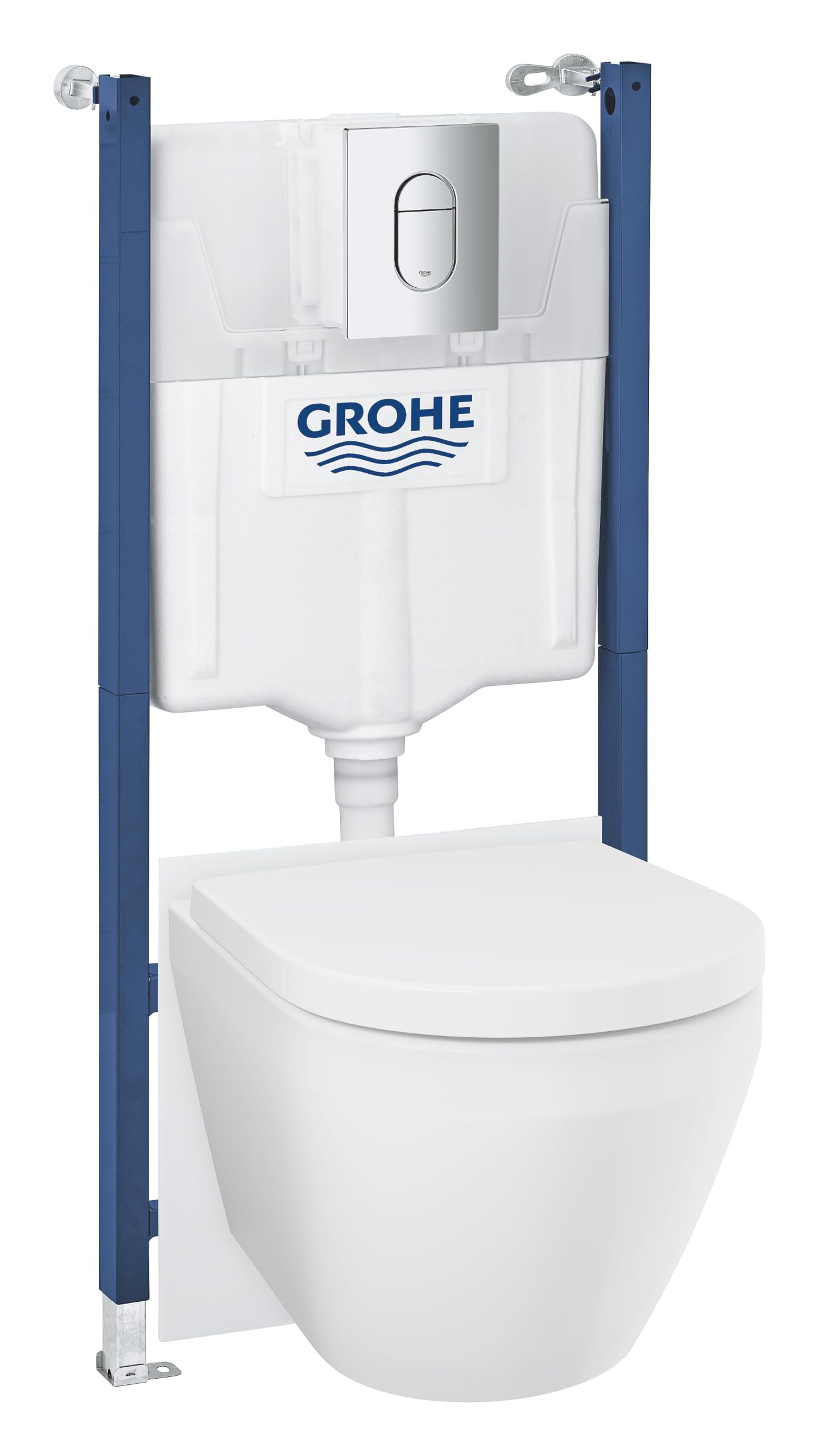 GROHE Solido Euro Keramik, 5-in-1 WC Set 1,13m Bauhöhe, spülrandlos | Vorwandelement mit Spülkasten GD 2, Wand-WC, Sitz Soft Close, Betätigung Arena Cosmopolitan, Schallschutz (Chrom, 102517SH00)