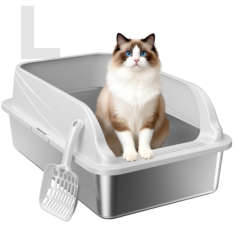 Caixa de areia para gatos em aço inoxidável com laterais altas OneBug Grey L