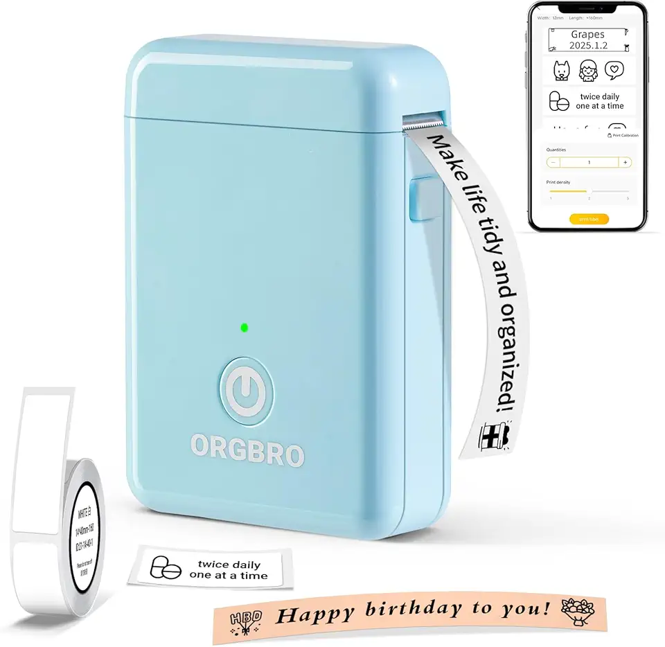 ORGBRO Máquina de etiquetar com fita, X1 impressora de etiquetas portátil Bluetooth para organização de escritório em casa, suporta etiquetas pré-cortadas e contínuas, pequena etiquetadora térmica sem