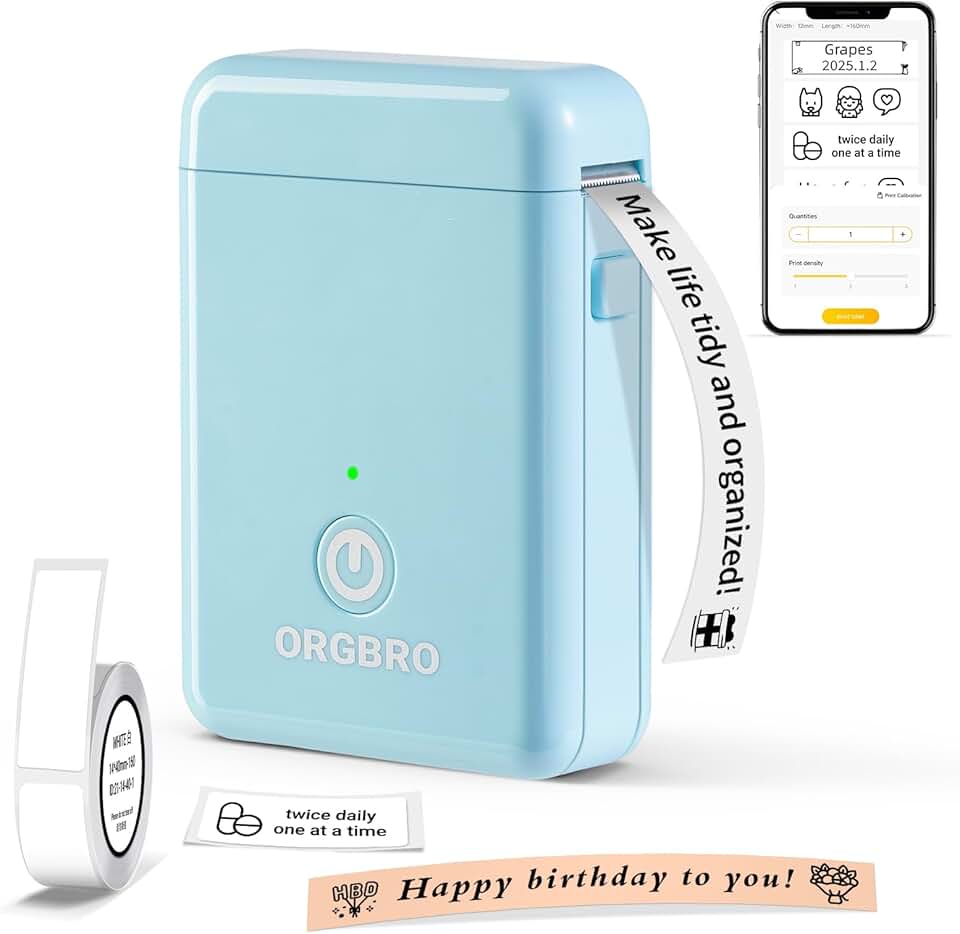 ORGBRO Máquina de etiquetar com fita, X1 impressora de etiquetas portátil Bluetooth para organização de escritório em casa, suporta etiquetas pré-cortadas e contínuas, pequena etiquetadora térmica sem