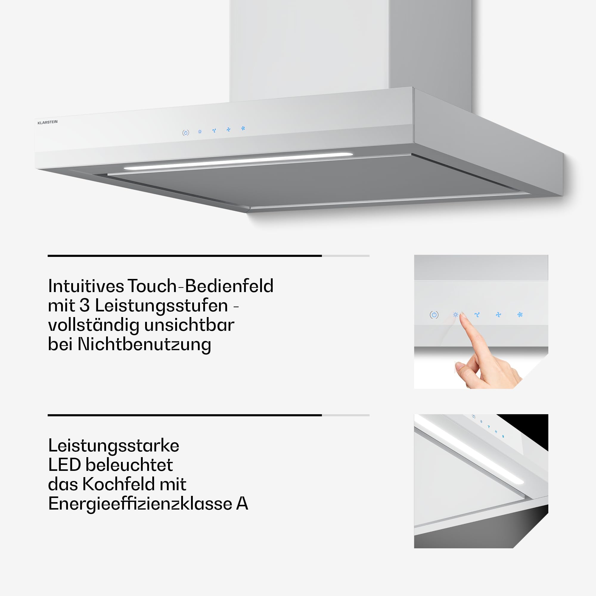 Klarstein Velaire Dunstabzugshaube 60 cm 600 m³/h A++ Energieeffizienz Touch-Bedienung LED Aluminium- & Aktivkohlefilter Wandhaube Weiß