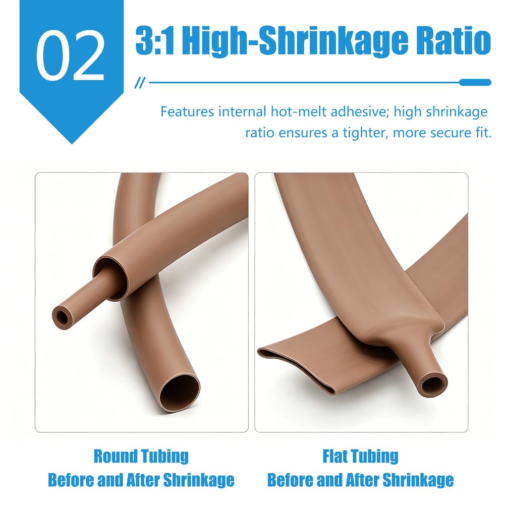 Tubi termorestringenti del PE 3:1 Brown per l'inguainamento del cavo | Tubo termoretraibile foderato adesivo, varie dimensioni, 2,4-39 mm, ignifugo, isolamento 600 V (diametro: 25,4 mm)