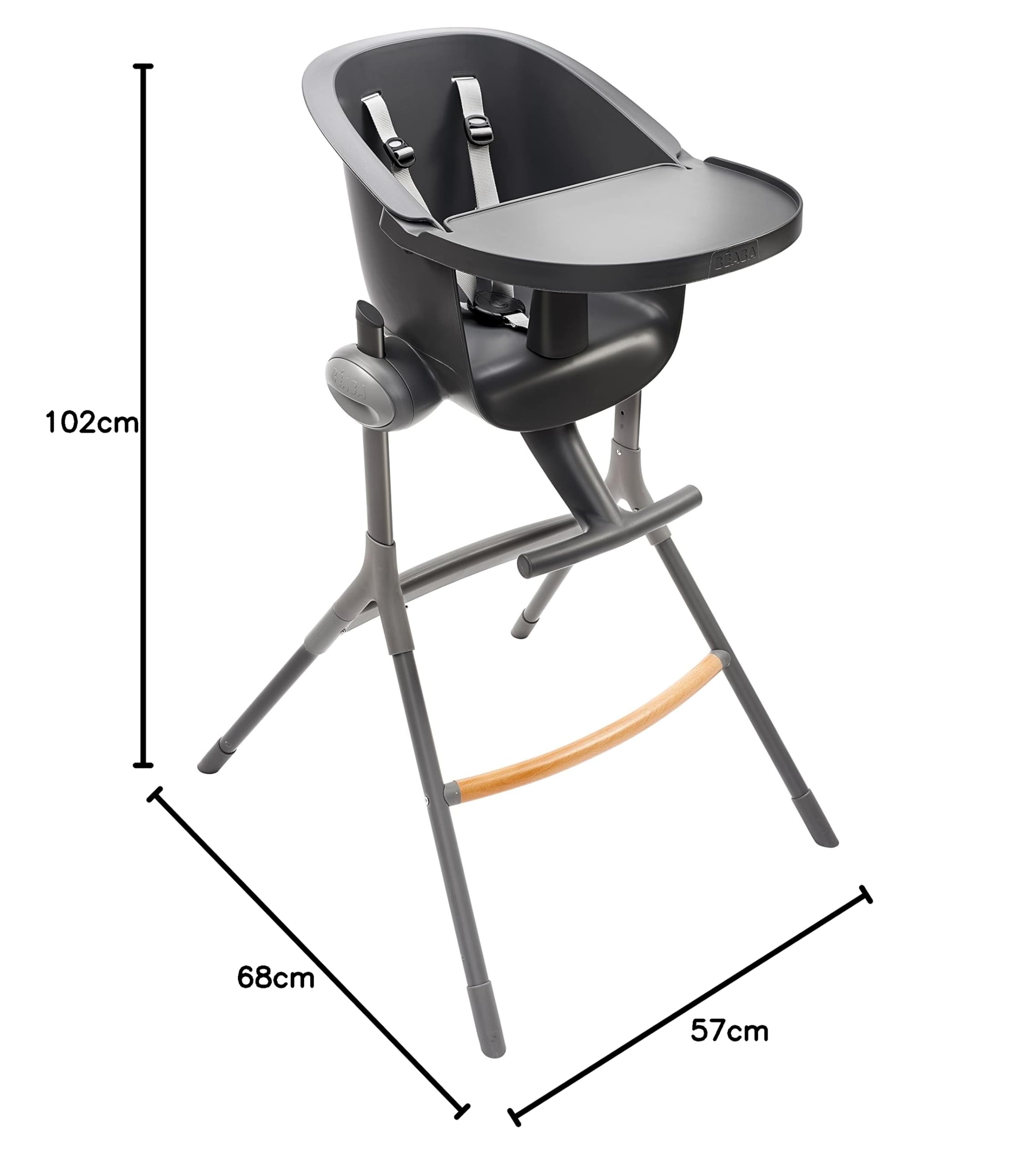 BÉABA, Wysokie krzesło Up&Down, ergonomiczne, regulowane i wyjmowane tace, 6-stopniowa regulacja wysokości, wygodne, wzornictwo, wytrzymałe materiały, ciemnoszare
