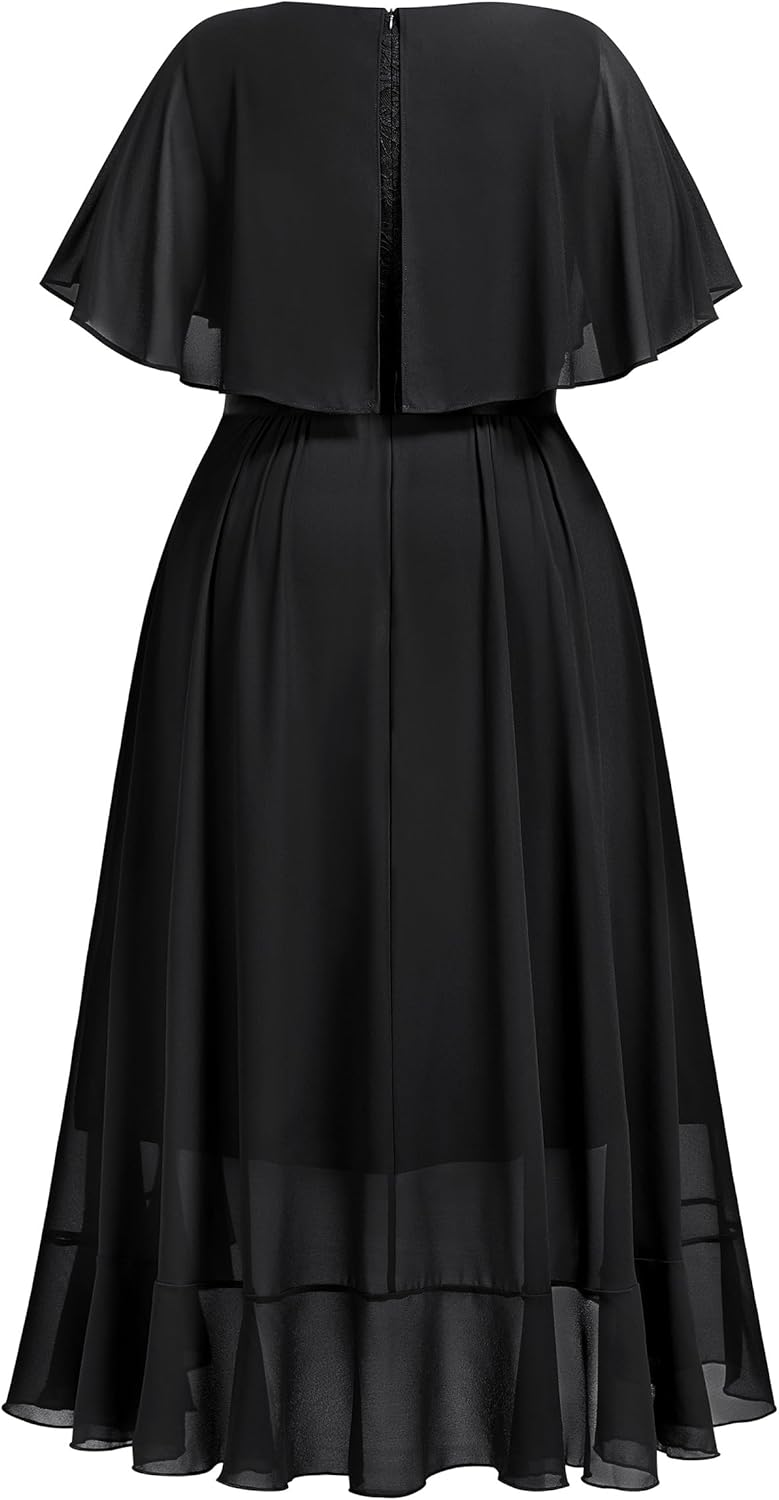 Miusol Women's Plus Size Floral Lace Cape Sleeves V Neck Ruffle Trim Formal Party Maxi Dress - Image 6