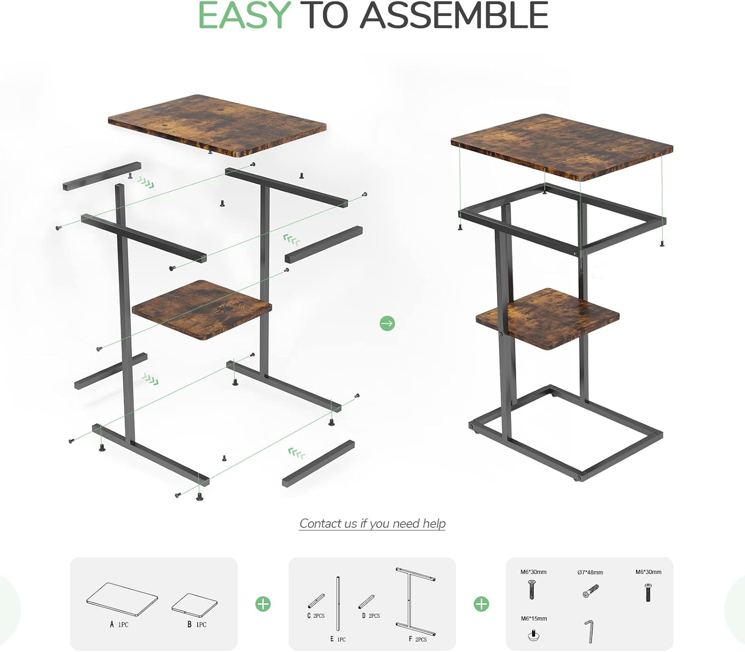 Novilla Snack Side Table C Shaped End Table Couch Table for Living Room Bedroom, Small Side Table with Metal Frame, Rustic Brown