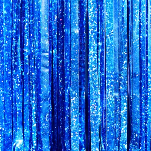 Image of PartyWoo Dark Blue Streamers Fringe Backdrop 3pcs Navy Blue Foil Fringe Curtain 8.2FT Tinsel Backdrop for Birthday Gender Reveal Baby Shower Graduation Pool Under The Sea Ocean Party Decorations