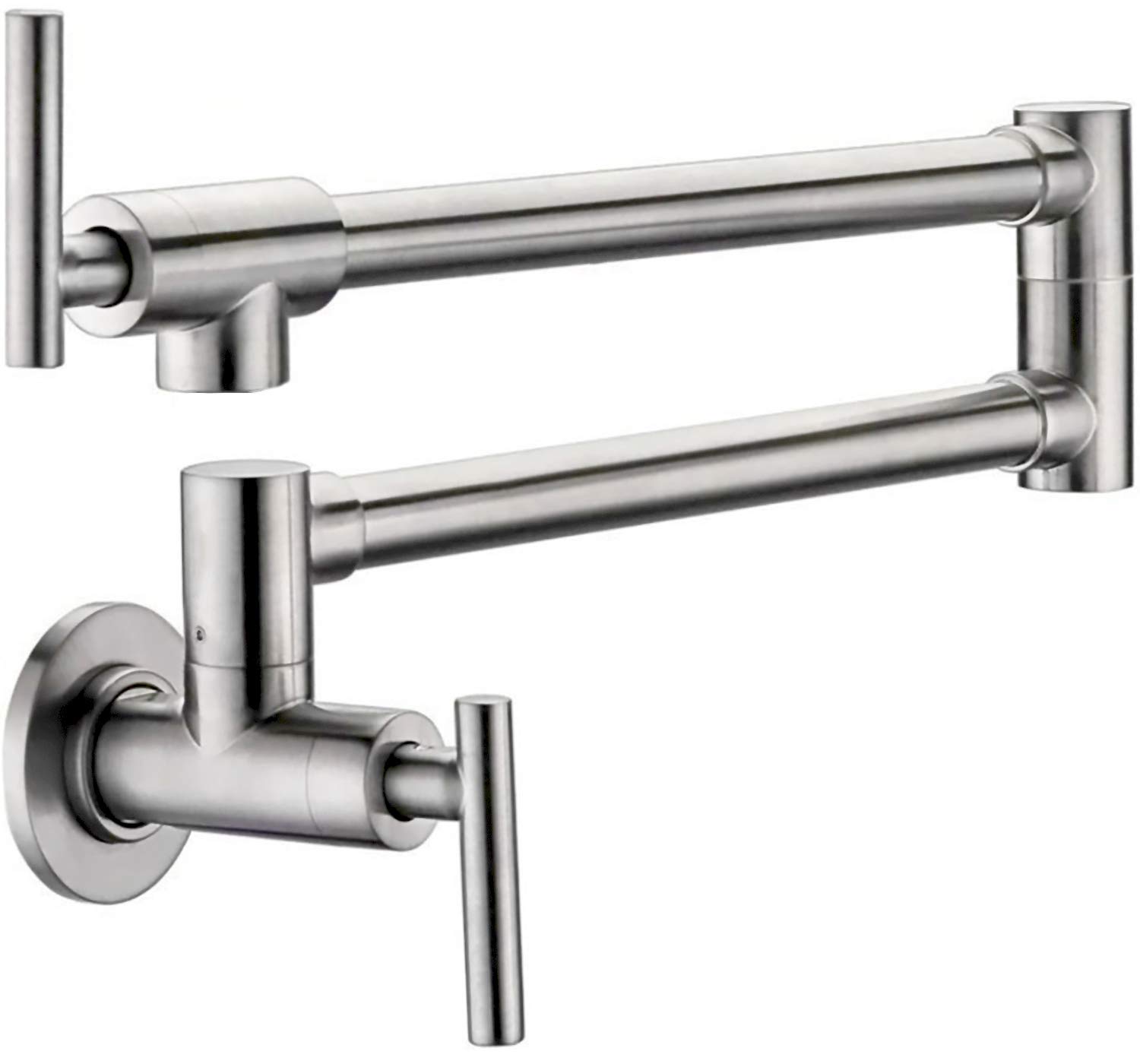 Grifo de llenado de pote KPF-13012BN, 2 manijas válvula montada en la pared de acero inoxidable comercial fregadero olla relleno con doble articulación brazo plegable estirable, níquel cepillado
