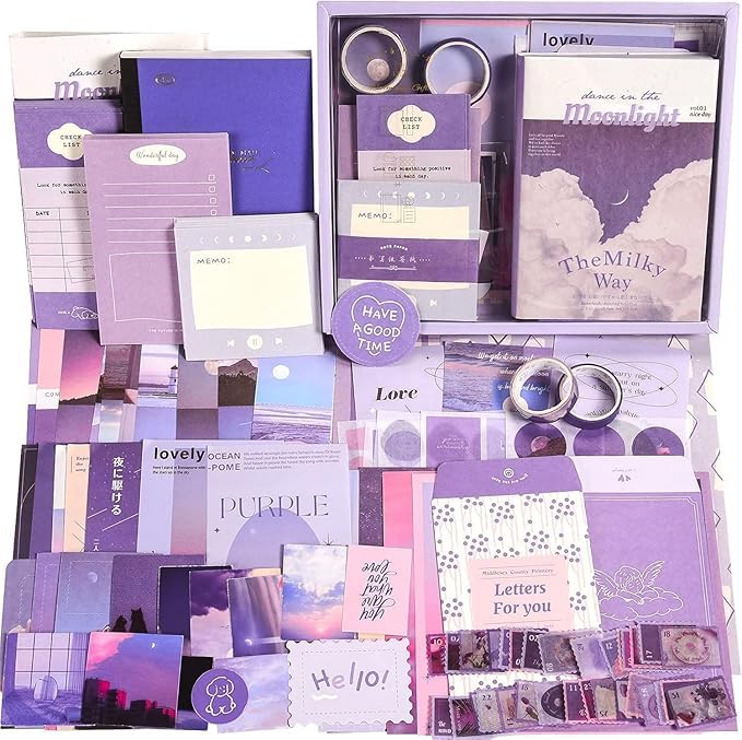 ToYooZe Purple Aesthetic Vintage Scrapbook Pack Kit, DIY Art Journaling Stickers, Collage Album, Moonlight Theme, Kids Craft Notebook