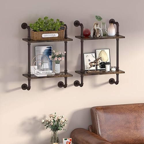 Miniatura 5 de Helsin Estantes flotantes de tubería industrial de 2 niveles, estante de pared de madera rústica de 16 pulgadas, estante de almacenamiento para