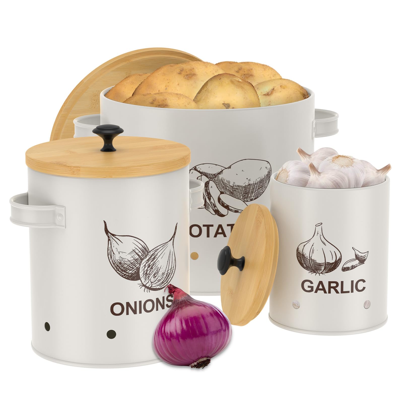 3 Stück Kartoffel Aufbewahrungsbox, Gemüse-Aufbewahrungsdose mit Bambusdeckel Stapelbares Kartoffel Zwiebel Knoblauch Vorratsdosen mit Belüftungsloch Zylindrischer Küchenkanister mit Griff(weiß)