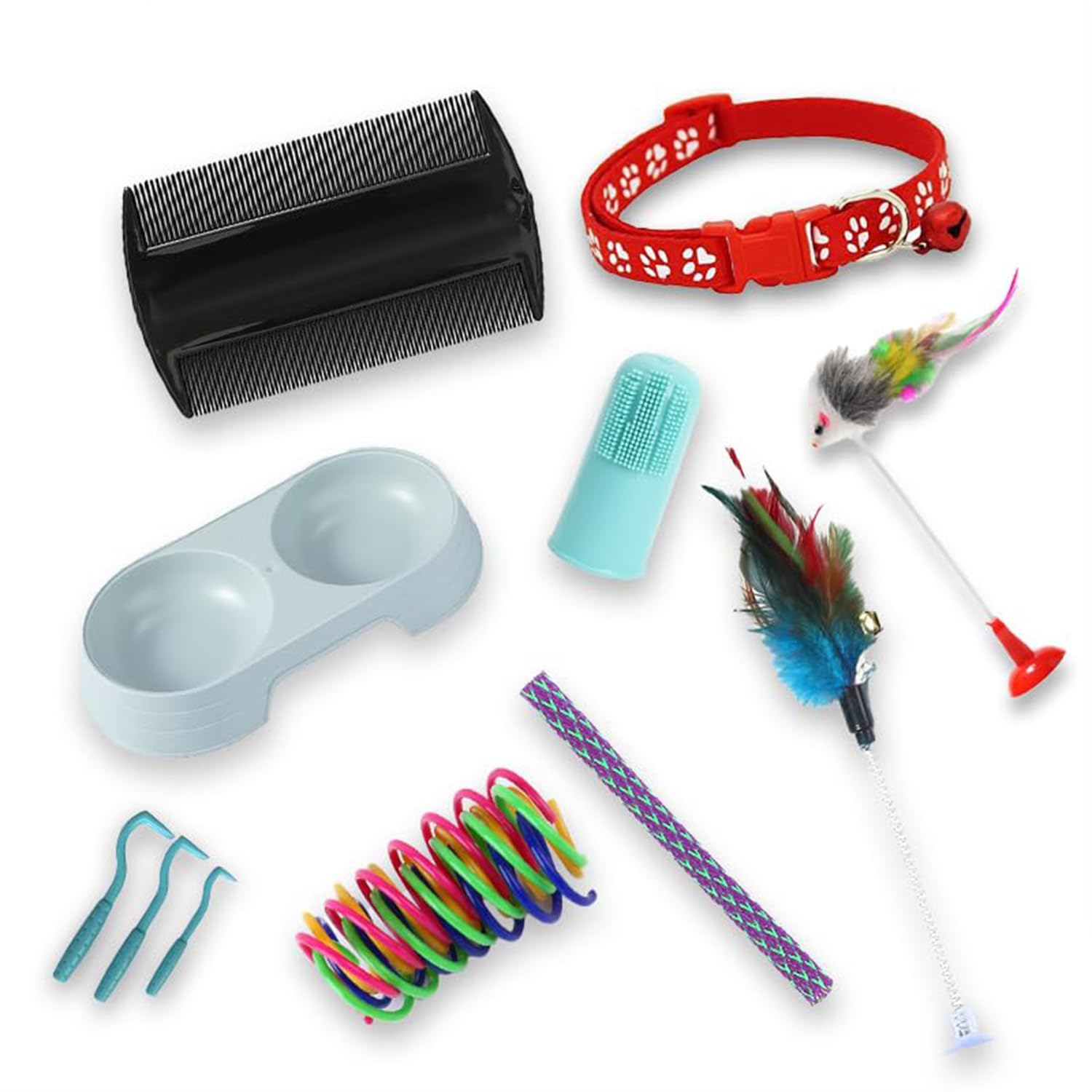 YellowCult Ultimate 9 in 1 Pet Care Combo: Bowl, Interactive Toys, Grooming Comb & Brush, Adjustable Collar - All-in-One Kit for Cats, Puppies, Small Dogs, Rabbits Feed, Clean & Play