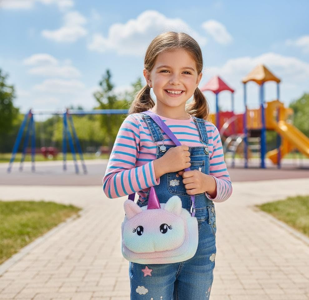 Sanjis Enterprise Kids cartoon Fur Sling Bag for Girls | Soft Plush Crossbody Bag | Cute Mini Shoulder Purse with Adjustable Strap | Lightweight Casual Travel Sling Bag for Baby Girls Pink 4