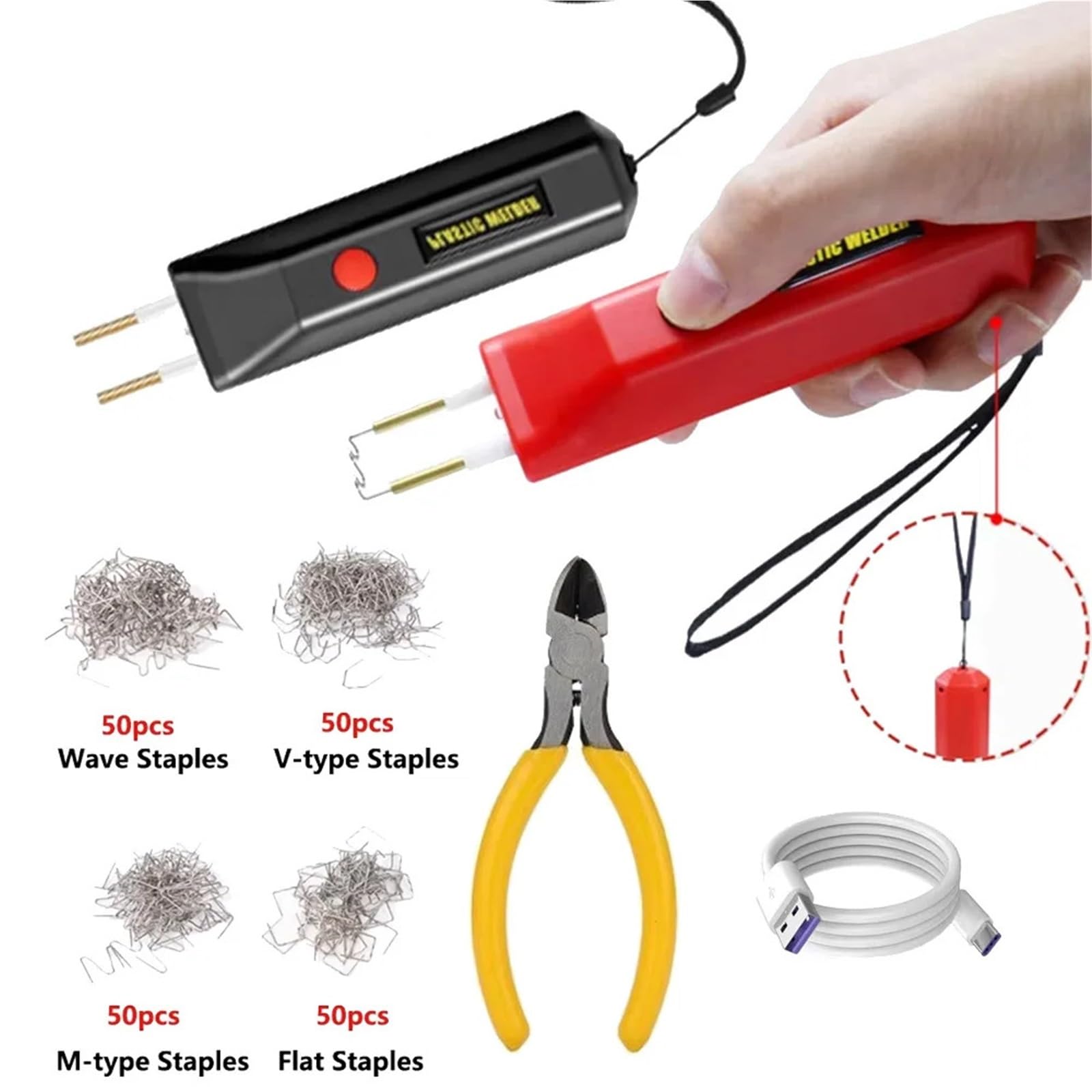Heißtacker Maschine Drahtloses Kunststoffschweißset mit 200 Klammern, batteriebetrieben USB-C Akku,Schweissset für Plastiktacker (Red-Kit-With-Tool)